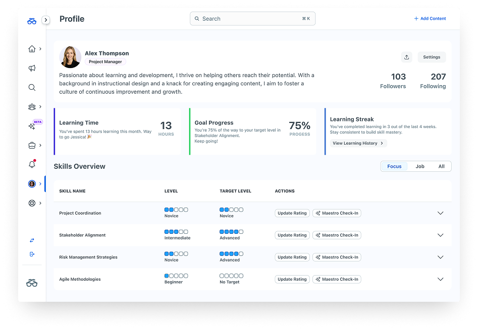 Learner dashboard showing normalized skill levels